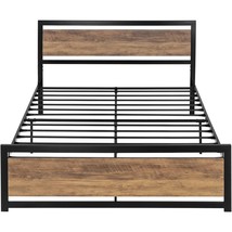 Queen Metal Platform Bed Frame with Brown Wood Panel Headboard and Footboard - $7,332.57 MXN