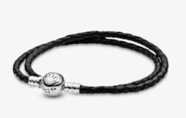 Pandora Moments Double Black Leather Bracelet 590745CBK-D2 Size 15 - £39.92 GBP