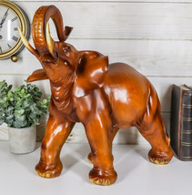 Faux Mahogany Wood Finish Buddha Feng Shui Elephant With Trunk Up Statue 14.25&quot;L - £43.95 GBP