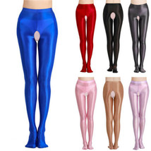 Womens Stretch Oil Shiny Glossy Tights High Waist Crotchless Pantyhose S... - $16.14