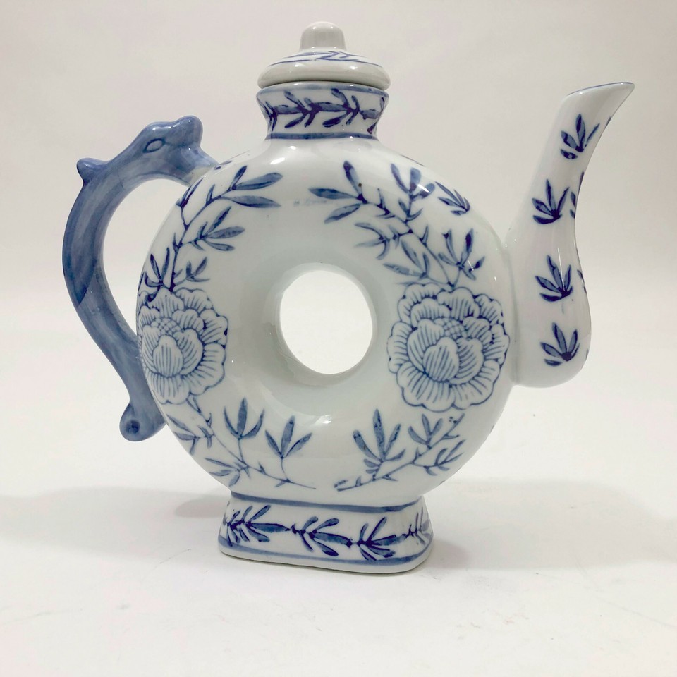 Asian Blue &amp; White Donut Shape Porcelain Teapot Floral with Dragon Handle - $17.31