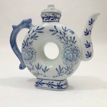 Asian Blue &amp; White Donut Shape Porcelain Teapot Floral with Dragon Handle - $17.31