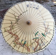 Vintage Japanese Hand Painted Rice Paper Bamboo Parasol Umbrella - Artist Signed - £45.85 GBP