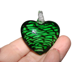 Heart Shaped Lampwork Glass Art Pendant Charm Necklace Green Black Swirl Design  - $8.77