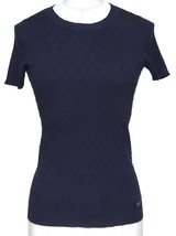 CHANEL Navy Sweater Top Knit Blue Short Sleeve Diamond Quilted CC Logo Sz 34 - £379.62 GBP