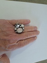 Vintage Moonstone Cabochon &amp; Jeweled Rhinestone Brassy Statement Ring Size 9 - £21.66 GBP