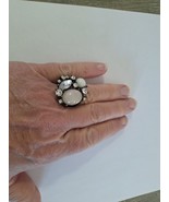 Vintage Moonstone Cabochon &amp; Jeweled Rhinestone Brassy Statement Ring Si... - $38.59 CAD