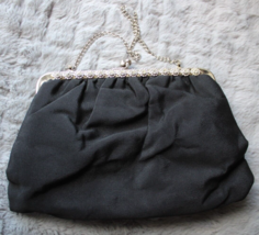 Vintage Black With Rhinestones Kiss Lock Clutch, Evening Bag - £18.64 GBP