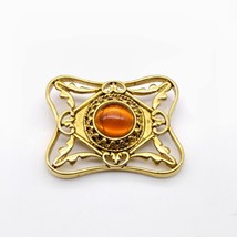 Vintage Avon Queens Eye Brooch, Gold Tone Lapel Pin with Orange Cabochon Elegant - $31.93