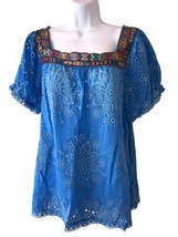 Johnny Was Blue Happy Sia Square Neck Eyelet Blouse Eyelet Lace Medium - £86.27 GBP