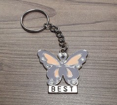 Butterfly Silver Tone Metal Enamel Keyring Keychain BEST Tag w/ Crystal Accents - £5.51 GBP