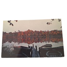 Postcard Autumn Fall Leaves Lake Boats Dock Scenic View Chrome Unposted - £5.42 GBP