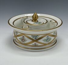 Antique Decor Main Porcelain 3 Quill Round Inkwell Inkstand Floral France - €59,91 EUR
