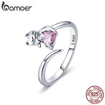 Authentic 925 Silver Adorable Cat Pink CZ Adjustable Finger Rings for Women Silv - $21.35