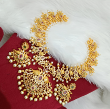 Bollywood Style Indian Gold Plated CZ Ruby Necklace Jewelry Set - £67.55 GBP