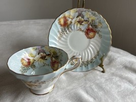 Vintage Aynsley Orchid Tea Cup Saucer Blue Floral Spiral Fluted Footed Scalloped - £58.33 GBP