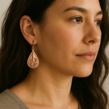 Vintage 1970s Artisan Copper Teardrop Earrings WCMO moon and stairs pattern - $10.99