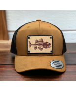 Bass Skull Fishing Collection Wood Leather Patch Trucker Hat Patriotic H... - £17.69 GBP