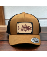 Bass Skull Fishing Collection Wood Leather Patch Trucker Hat Patriotic H... - £28.20 GBP