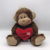 Sweet Heart Brown Monkey Plush Red Heart Kiss on Cheek 12&quot; Valentine Super Soft - £16.05 GBP