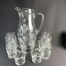 Vintage Etched Flower Glass Cocktail Martini Pitcher 6 Glass Set MCM Barware - £47.44 GBP