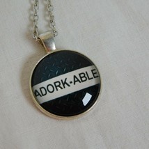 Adork-Able Word Black Background Silver Tone Cabochon Pendant Chain Necklace Rd - £2.37 GBP