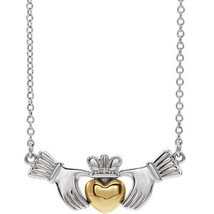 14K White &amp; Yellow Gold Claddagh Necklace - £367.69 GBP