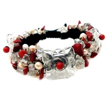 Handmade Floral Trio Red Tone Mixed Stone Pull String Bracelet - $10.88