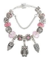 Pink Owl European Bead Silver Charm Snake Flex Bracelet for Mom Wife Grandma - $11.99