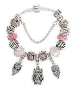 Pink Owl European Bead Silver Charm Snake Flex Bracelet for Mom Wife Gra... - £9.60 GBP