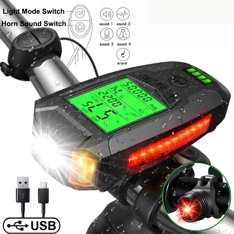 5 In 1 Waterproof Bike Light USB Charge Bicycle Light With Bicycle Computer LCD - £9.23 GBP+