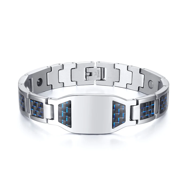 Men&#39;s Free Custom Engraving Info Logo Bracelet with Blue Carbon Fiber Male Wrist - £29.14 GBP
