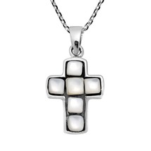 Cross with Square White Mother of Pearl Mosiac on Sterling Silver Necklace - $26.52