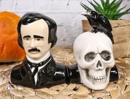 Ceramic Edgar Allen Poe And Nevermore Raven On Skull Salt And Pepper Sha... - £13.54 GBP