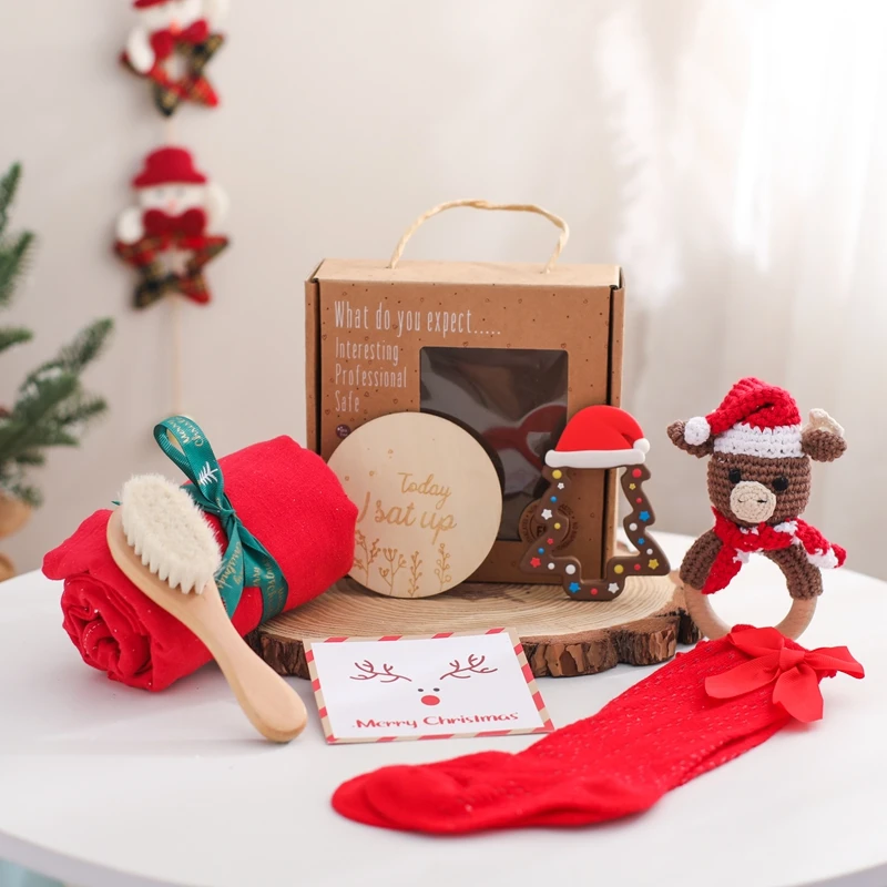 Baby Christmas Bath Toys Set Crochet Elk Snowman Rattle Teether Toys Silicone - £17.40 GBP+