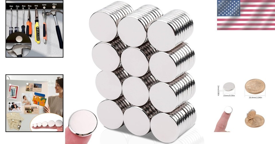Multipurpose 15mm x 2mm Neodymium Magnets - Pack of 100 Heavy Duty Strong Disks Item image 2