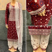 Pakistani Maroon Ajrak Printed Straight Shirt 3-PCS Lawn Dress, Threadwork,L#1 - £56.87 GBP