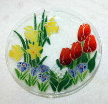 Rare Peggy Karr Tulip / Dafodil / Violets Fused Glass Bowl Dish 8 1/4&quot; - £39.37 GBP