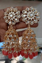 Bollywood Gold Plated Indian Kundan Big Jhumka Peach Earrings Jewelry Set - £30.01 GBP