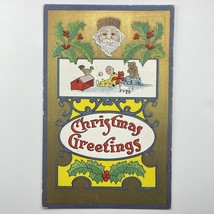 Old World Santa w/ Brown Hat Toys Holly Embossed Gold Christmas Antique Postcard - £6.20 GBP