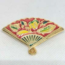 Vintage Cloisonné Gold Tone Fan Brooch Pin Red Yellow Blue Leaves Pin Back - £9.41 GBP