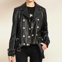 Double Breasted Black Leather Biker Jacket: Gold Button Moto Coat - $194.95