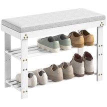 Bamboo Shoe Bench 3-Tier, Entryway Bench with Cushion &amp; Adjustable Shelv... - $69.99