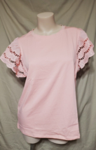 Large Shein Pink Scalloped Eyelet Short Flared Sleeve Shirt 42&quot; Chest - £8.53 GBP