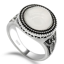 Men&#39;s Ring 925 Sterling Silver with White Nature Agate Stone Owl Pattern at Side - £42.48 GBP