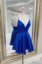 Blue V-Neck Satin Short Prom Dress,A-Line Cocktail Dresses Short Formal - £93.22 GBP