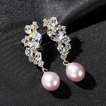 Freshwater Pearl Earrings Dignified Flowers Long S925 Silver Zircon 8-9Mm Pearl  - £36.76 GBP