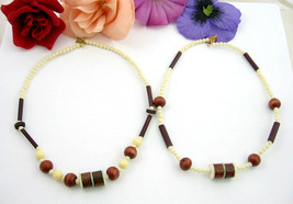 Pair Of Wood Bead Choker Necklaces Vintage Brown Cream Off White Beaded 15.5&quot; - £13.31 GBP