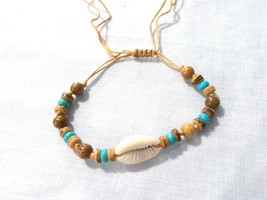 Cowrie Shell Wooden Beaded Adjustable Tan String Cord Bracelet Anklet 6 - 10&quot; - £3.13 GBP