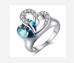 SILVER BLUE GEMSTONE HEART RHINESTONE COCKTAIL RING SIZE 6 - £31.97 GBP